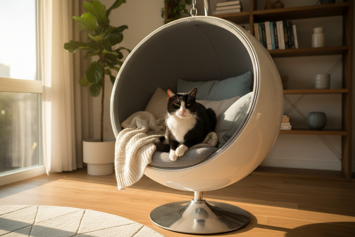 Tuxedo Cat in Egg Chair